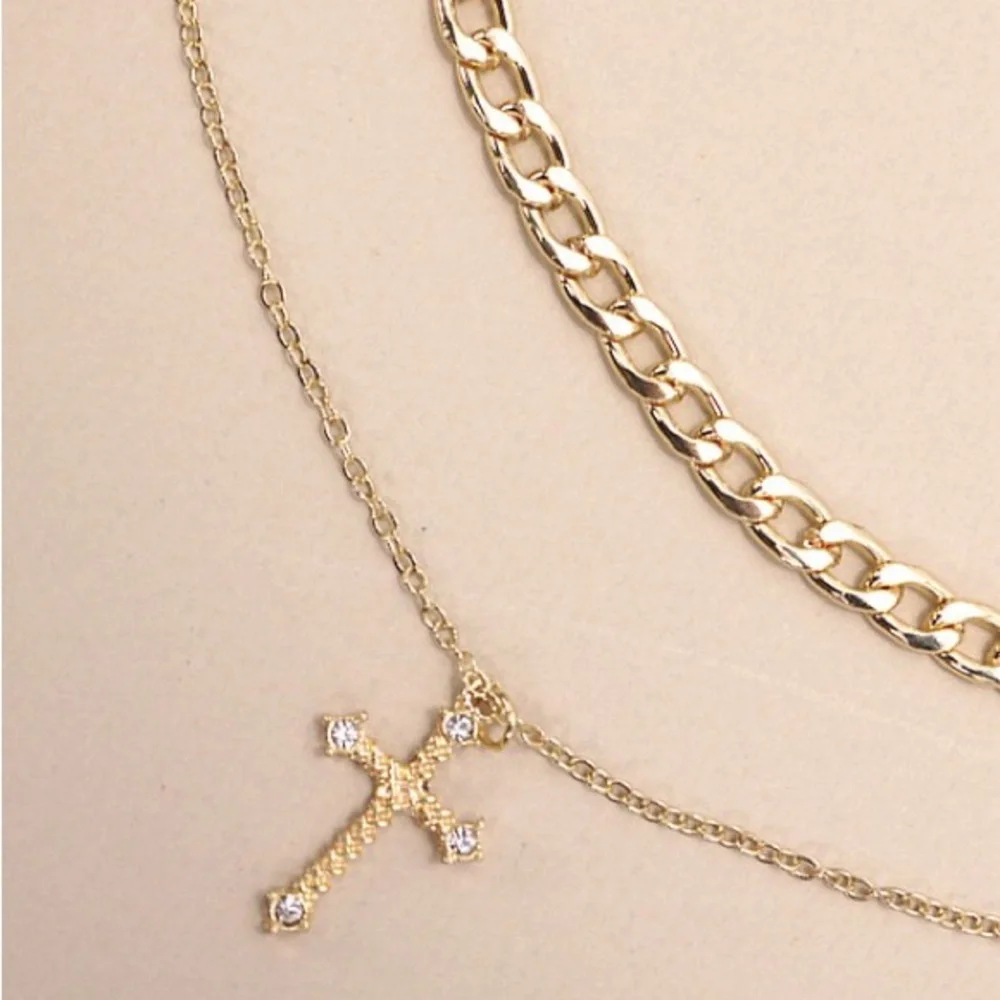 DOUBLE LAYER CROSS CHARM PENDANT NECKLACE gold plated set